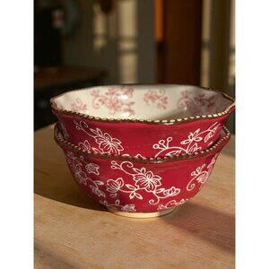 Pair of Temp-tations by Tara Bowls – Red Floral Lace Pattern – 24 oz Soup Cereal